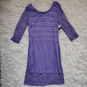 Vintage Purple Crochet Midi Dress Womens Large Fairy Resortwear Deadstock